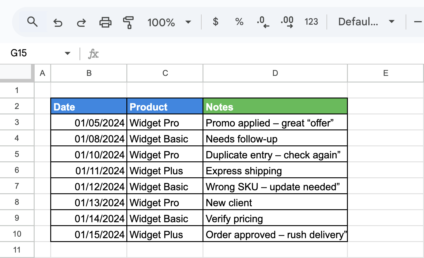 Sales dataset showing a Notes column with inconsistent punctuation before using Find and Replace to standardize formatting. i-shadow