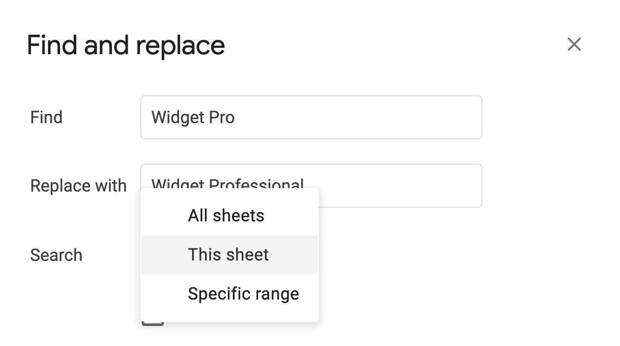 Google Sheets Find and Replace tool with search scope dropdown set to “This sheet”. i-shadow