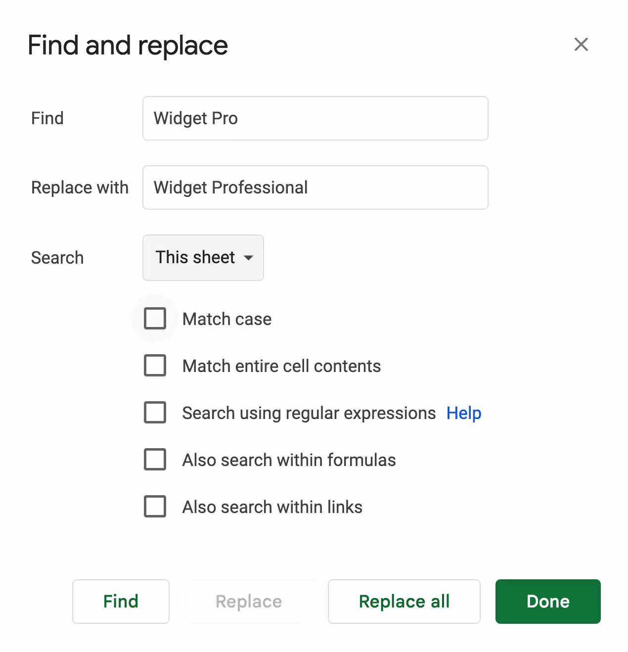 Find and Replace window with all options like Match case, Search using regular expressions, and Search within formulae left unchecked for a basic text replacement. i-shadow
