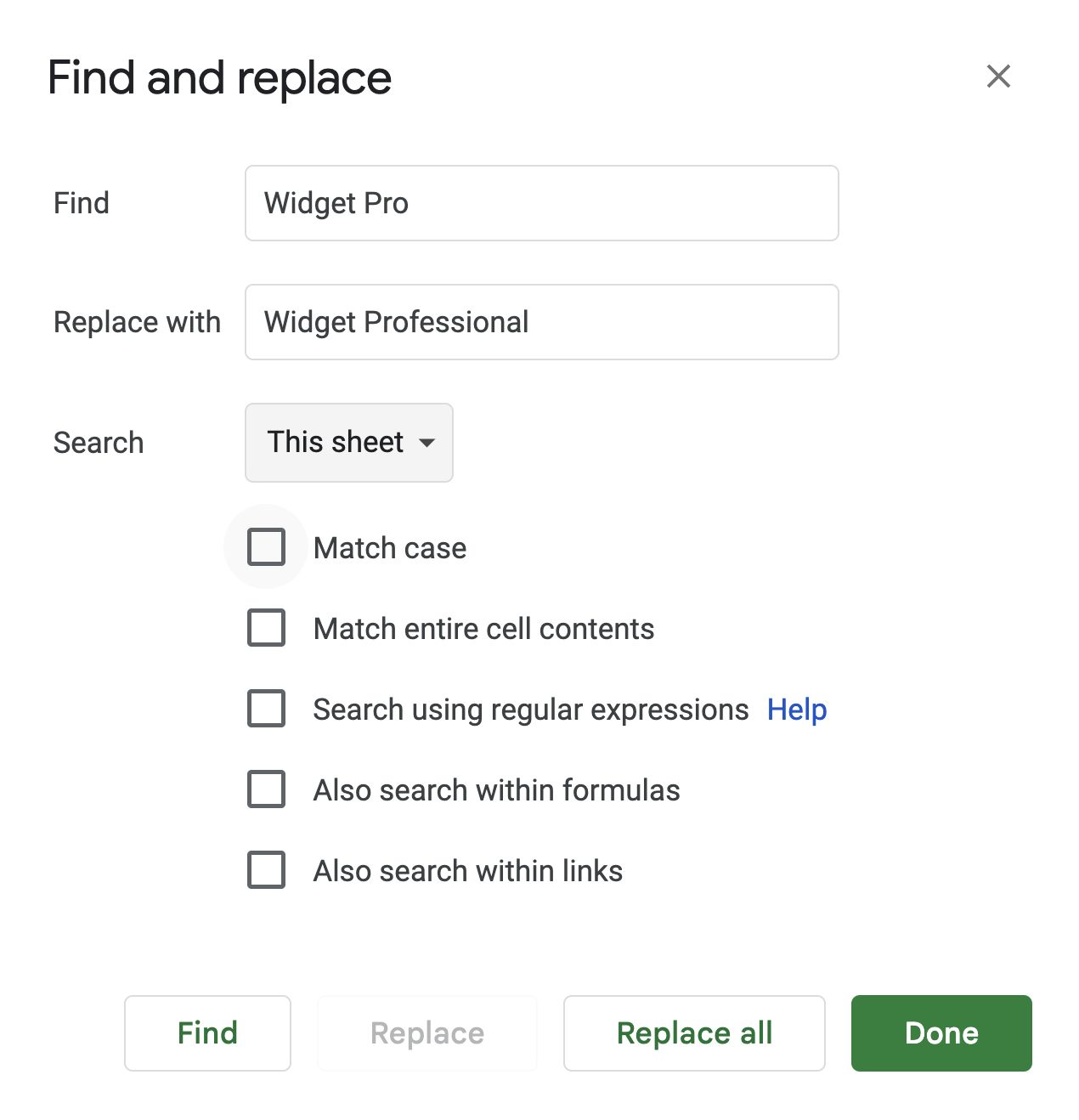 Find and Replace window with all options like Match case, Search using regular expressions, and Search within formulae left unchecked for a basic text replacement. i-shadow