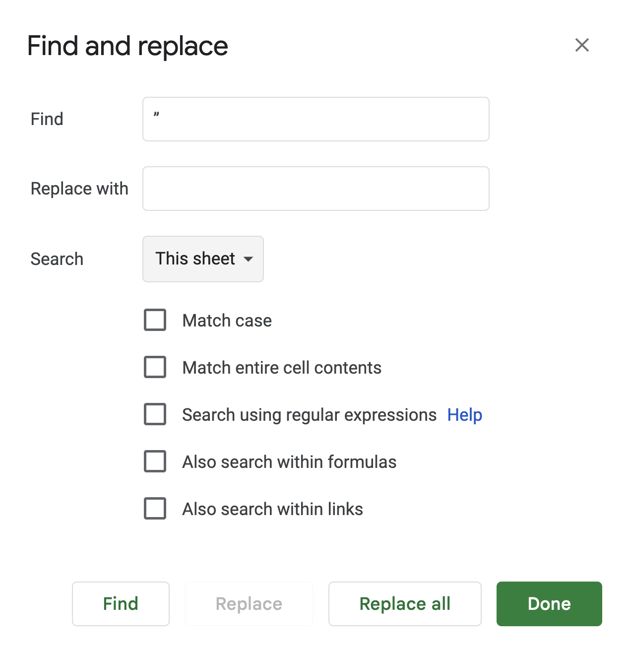 Find and Replace dialog set to remove a smart quote character by leaving the Replace with field blank. i-shadow