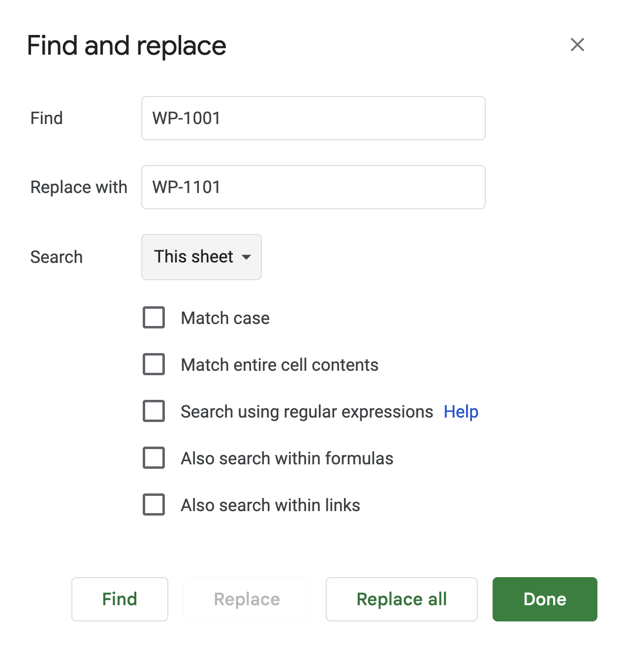 Find and Replace window configured to replace "WP-1001" with "WP-1101" within the current sheet. i-shadow