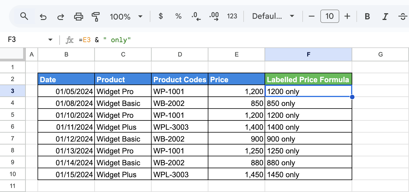 A dataset with a labelled price column before using Find and Replace to remove the word “only” for formatting consistency. i-shadow