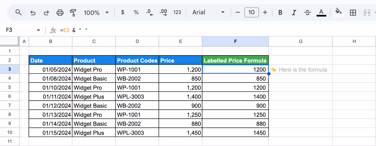 Labelled Price Formula column displays clean price values after using Find and Replace to remove the word “only,”. i-shadow