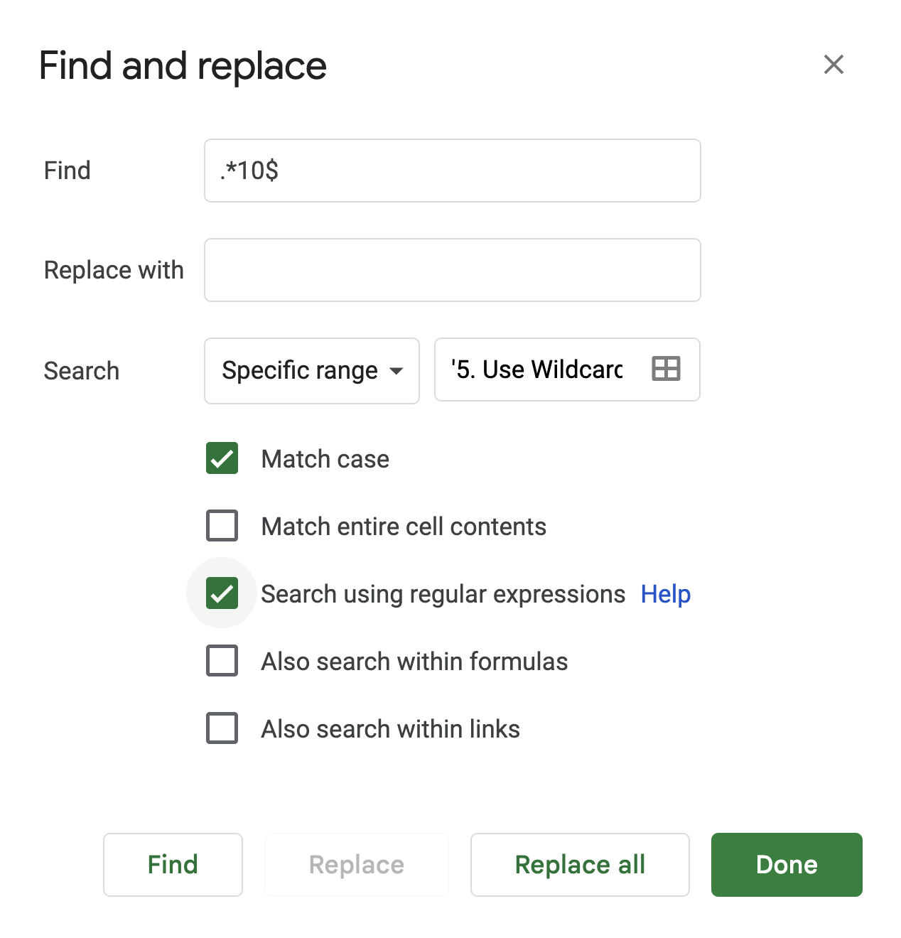 Find and Replace window using regular expressions to find promo codes ending in “10” and replace them with “IntroDeal”. i-shadow