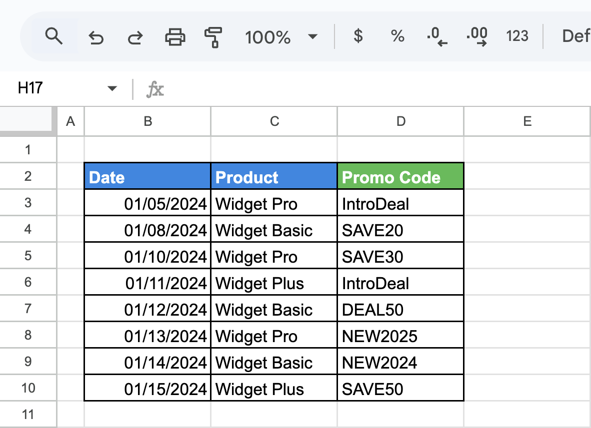 Promo Code column after using Find and Replace to update all values ending in “10” to “IntroDeal,” while leaving other codes unchanged. i-shadow