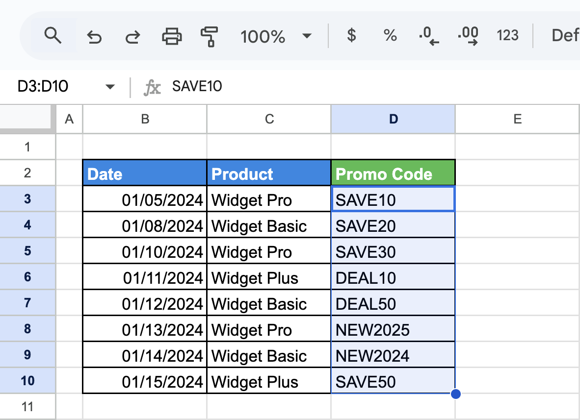 Promo Code column including values like SAVE10, DEAL10, and NEW2024, set up for wildcard or regex testing using Find and Replace. i-shadow
