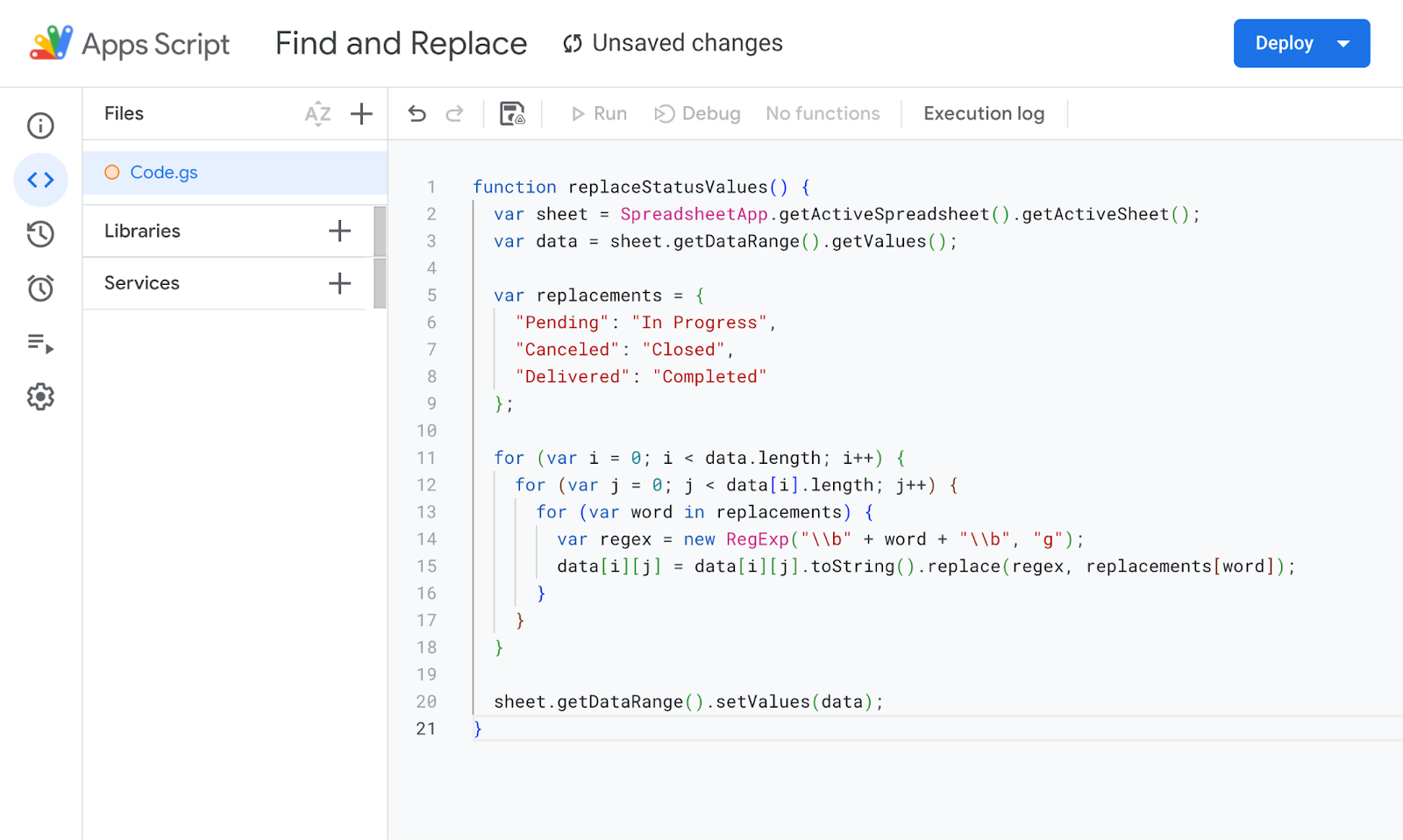 Google Apps Script editor displaying a script that automates find and replace actions for specific text values in a Google Sheet. i-shadow