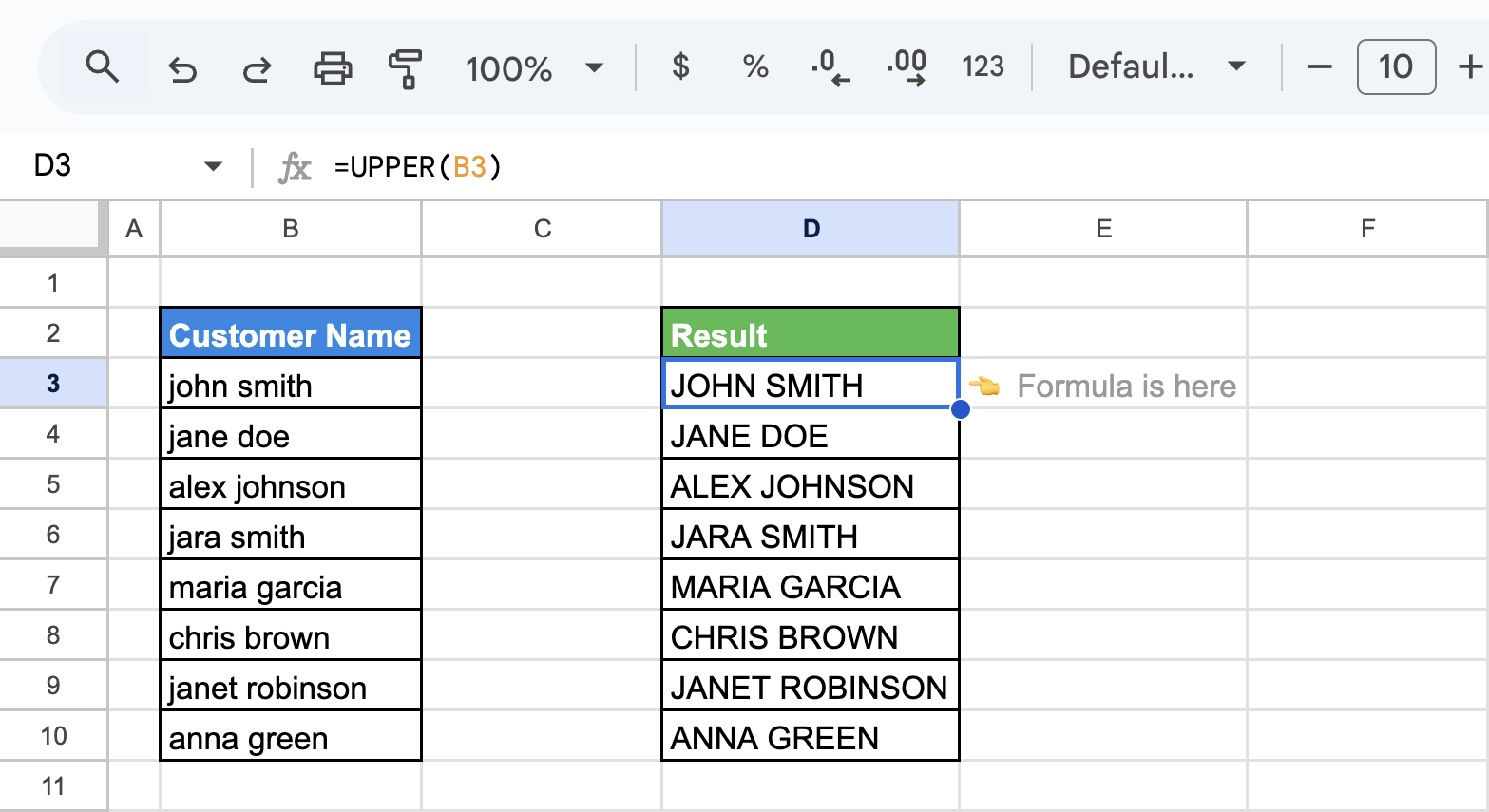 Google Sheets showing the use of the UPPER function to convert customer names in column B to uppercase. i-shadow