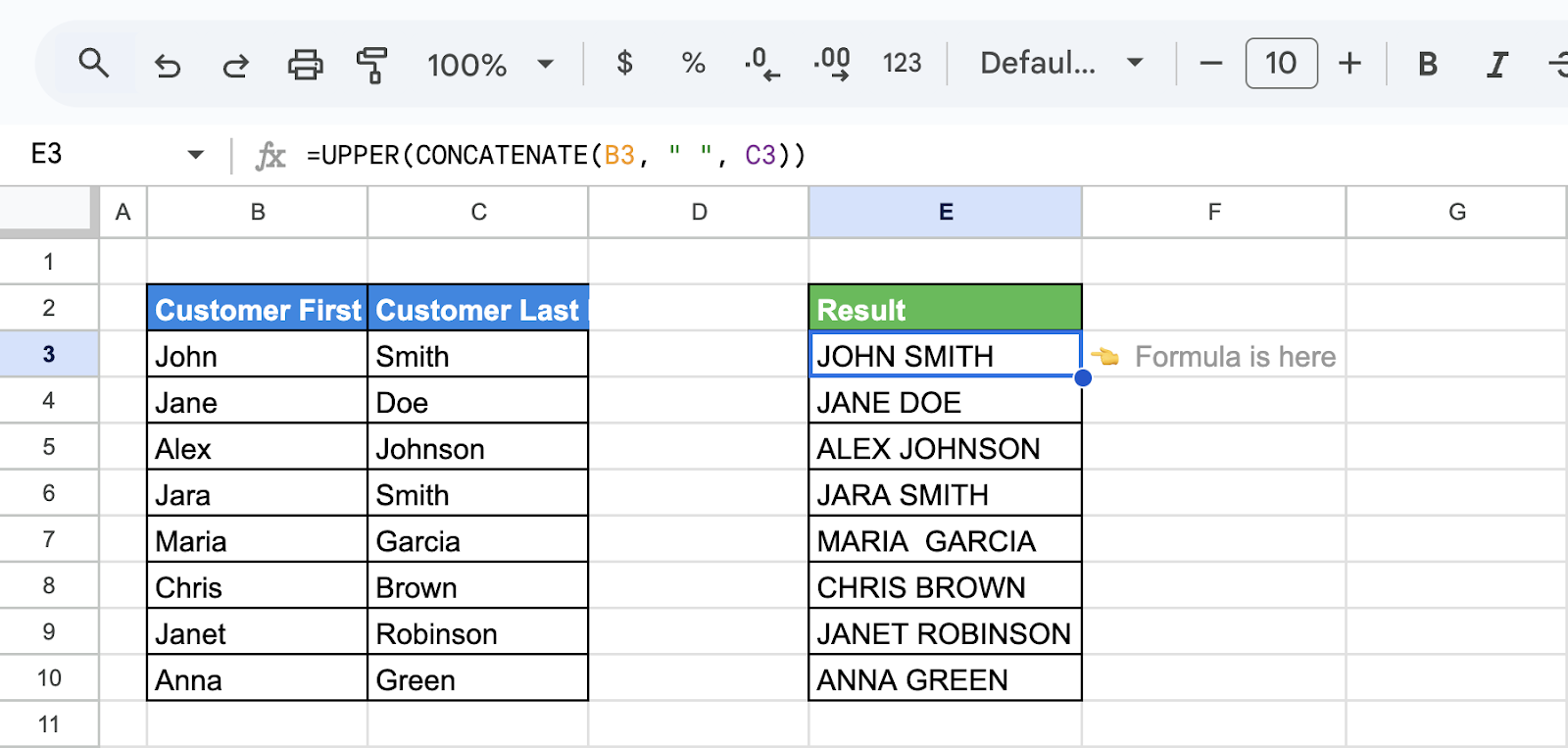 Google Sheets showing the use of the UPPER and CONCATENATE functions to merge first and last names. i-shadow