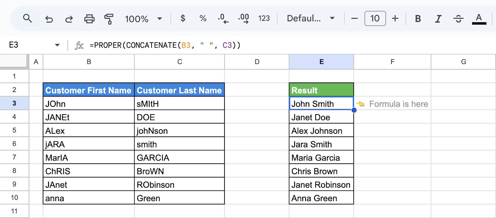 Google Sheets showing the use of the PROPER and CONCATENATE functions to combine and format customer first and last names into properly capitalized full names. i-shadow