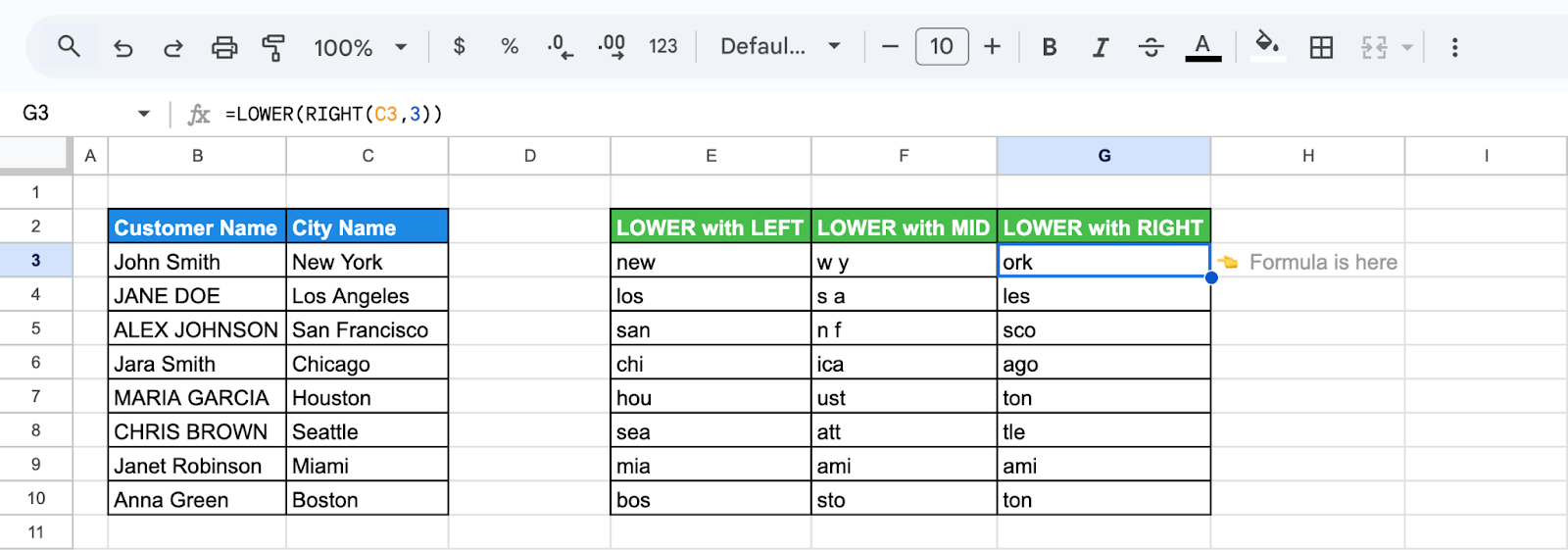 Google Sheets showing the use of the LOWER and RIGHT functions to extract and lowercase the last three letters of city names.‍ i-shadow