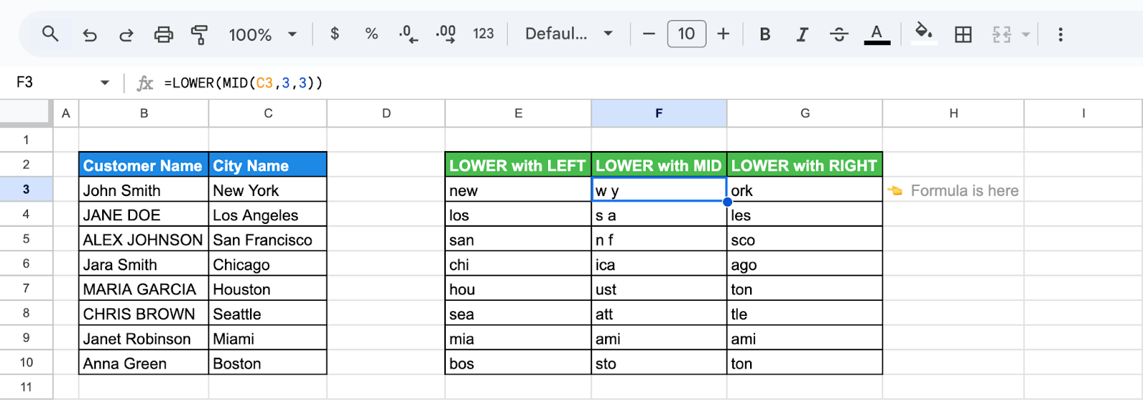 Google Sheets showing the use of the LOWER and MID functions to extract and lowercase the middle characters from city names. i-shadow