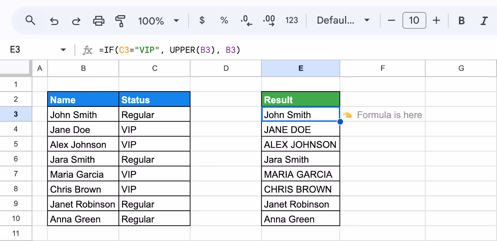 Google Sheets showing the use of the IF and UPPER functions to conditionally convert names to uppercase if the status in column C is marked as "VIP". i-shadow