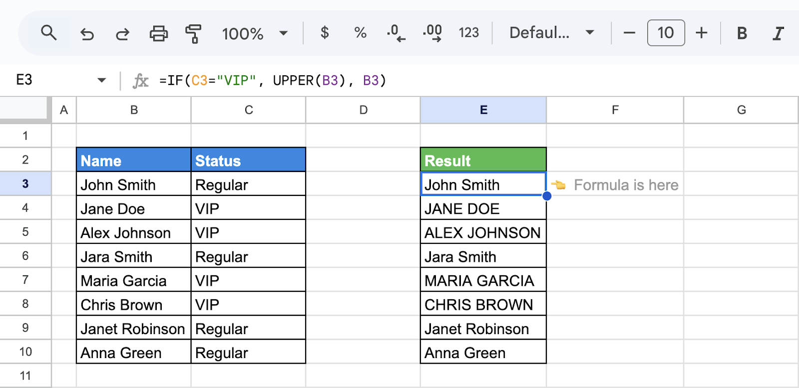 Google Sheets showing the use of the IF and UPPER functions to conditionally convert names to uppercase if the status in column C is marked as "VIP". i-shadow