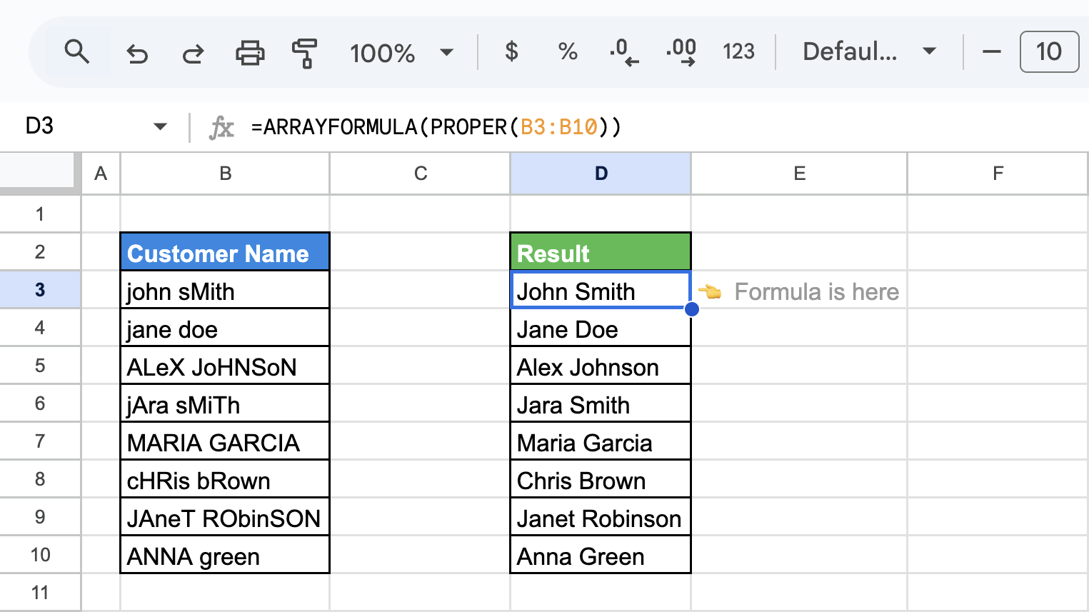 Google Sheets showing the use of the PROPER function with ARRAYFORMULA to convert inconsistently capitalized customer names to proper case format. i-shadow