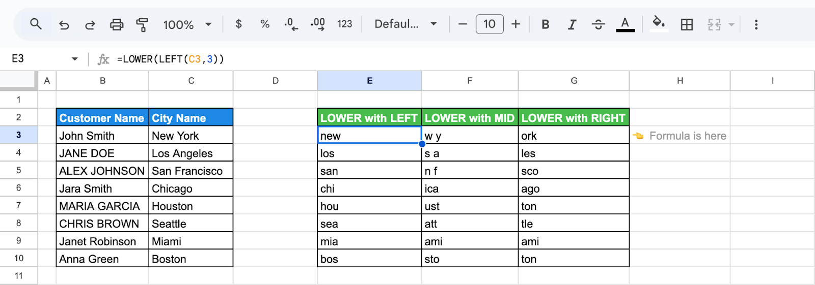 Google Sheets showing the use of the LOWER and LEFT functions to extract and lowercase the first three letters of city names. i-shadow