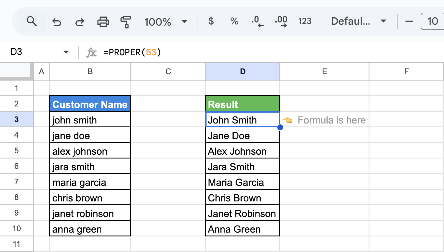 Google Sheets showing the use of the PROPER function to convert customer names to proper case (first letter capitalized) in column D. i-shadow