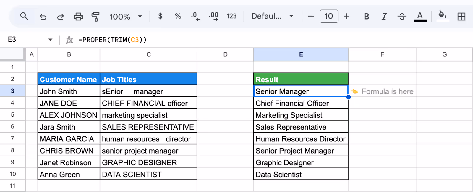 Google Sheets showing the use of the PROPER and TRIM functions to clean and correctly capitalize inconsistent job titles. i-shadow