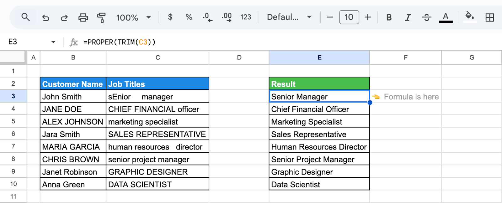 Google Sheets showing the use of the PROPER and TRIM functions to clean and correctly capitalize inconsistent job titles. i-shadow