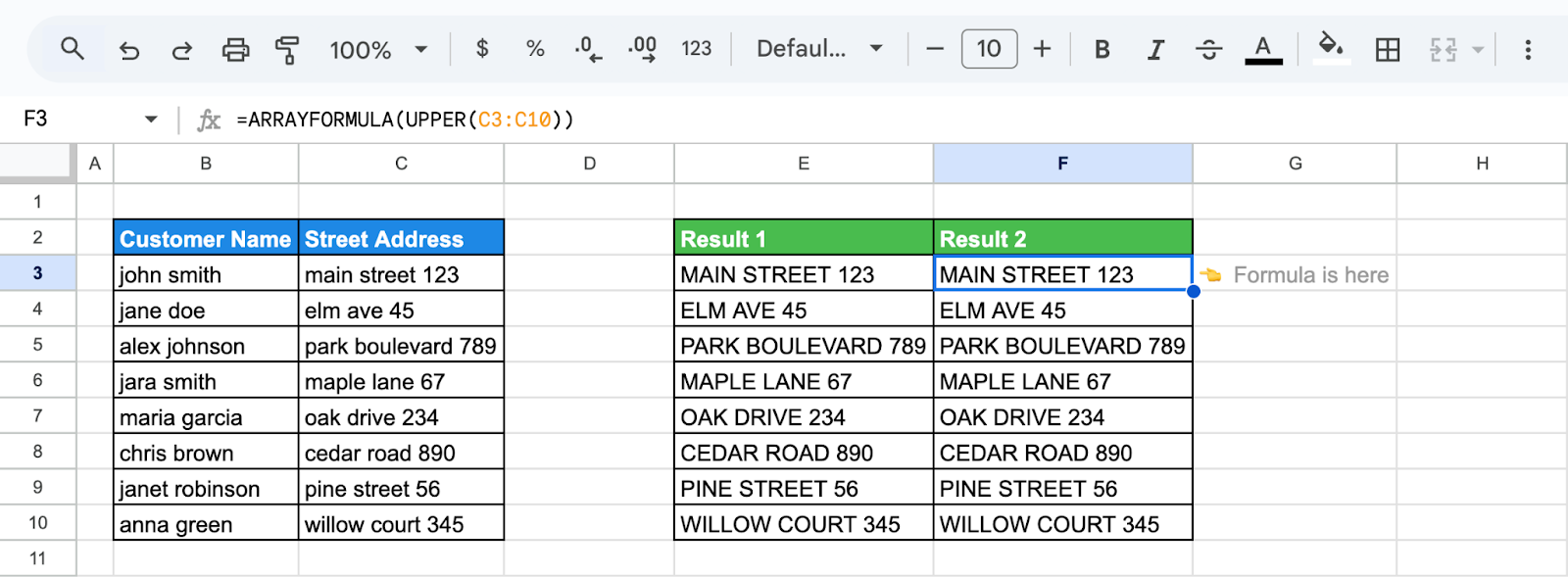 Google Sheets demonstrating the use of the ARRAYFORMULA and UPPER functions to convert an entire range of street addresses to uppercase. i-shadow