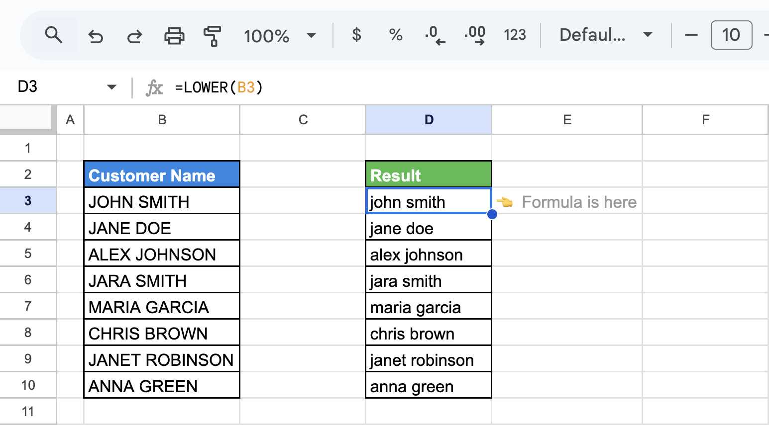 Google Sheets showing the use of the LOWER function to convert uppercase customer names in column B to lowercase. i-shadow
