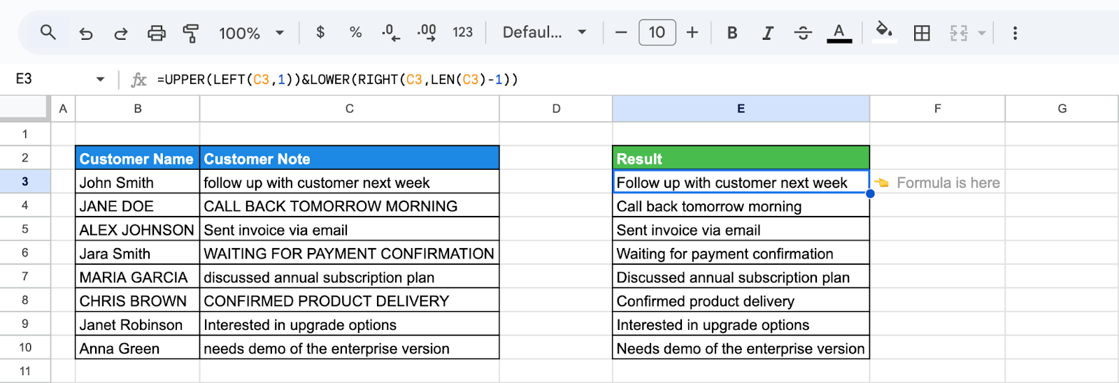 Google Sheets showing the use of a formula combining UPPER, LOWER, LEFT, RIGHT, and LEN functions to capitalize only the first letter of each customer note. i-shadow