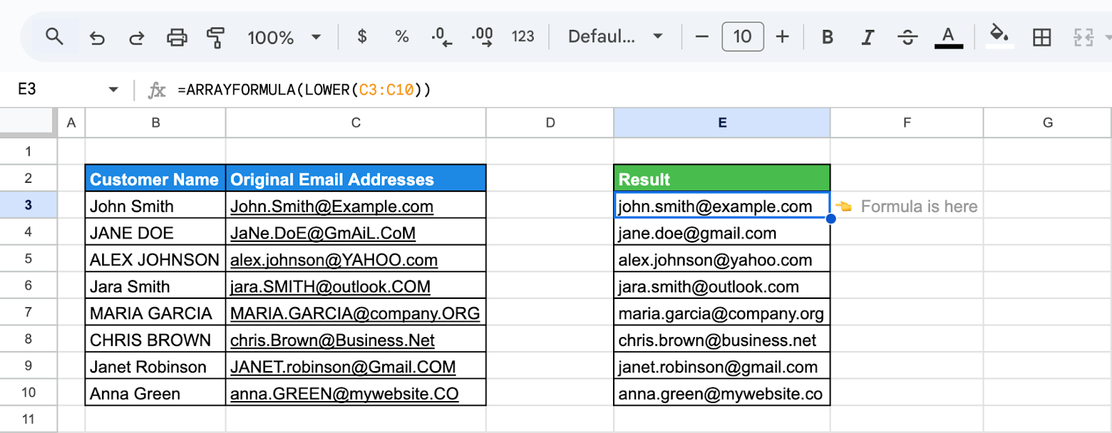 Google Sheets showing the use of the ARRAYFORMULA and LOWER functions to convert a range of inconsistently cased email addresses into lowercase. i-shadow