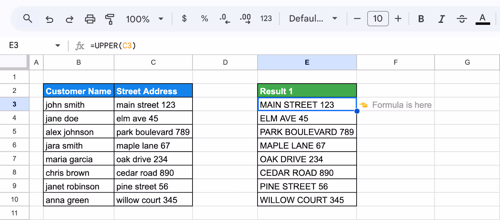 Google Sheets showing the use of the UPPER function to convert street addresses to uppercase format. i-shadow