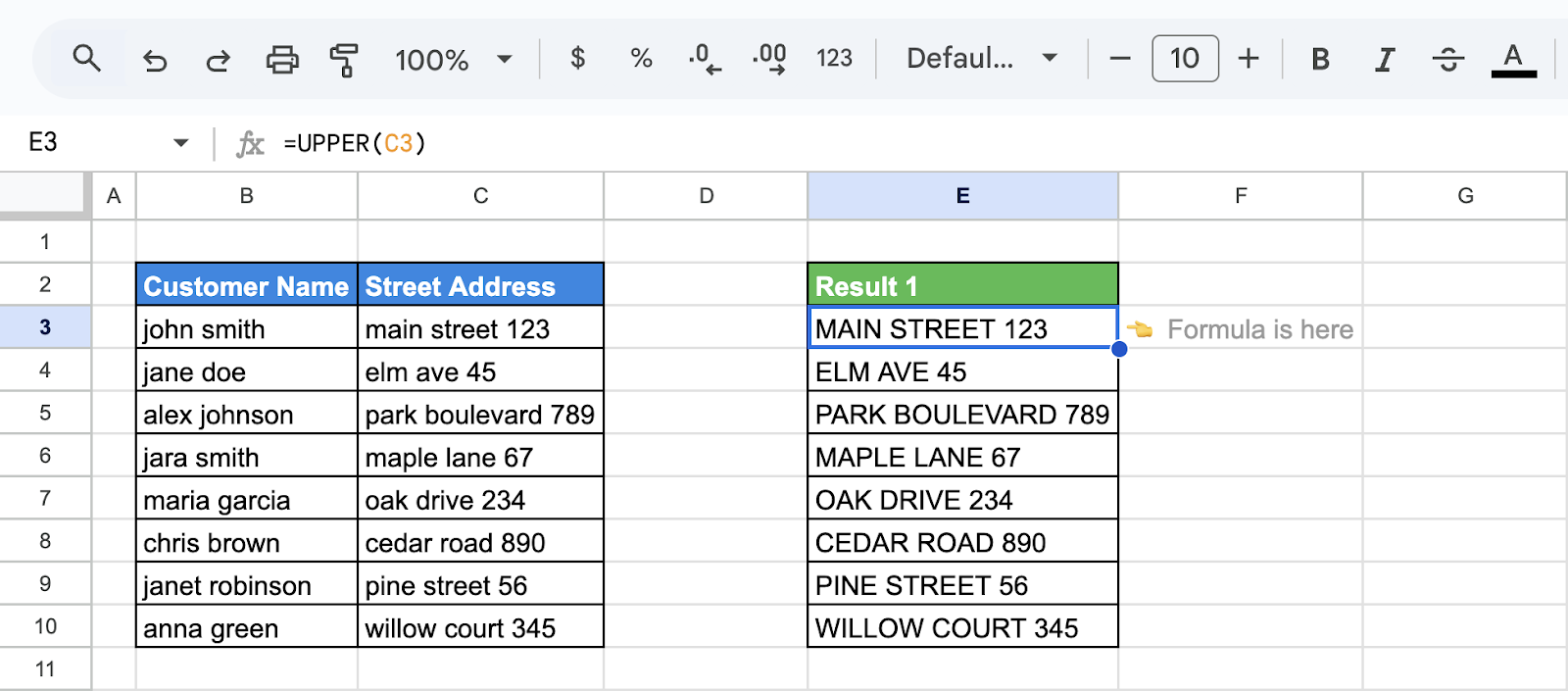 Google Sheets showing the use of the UPPER function to convert street addresses to uppercase format. i-shadow