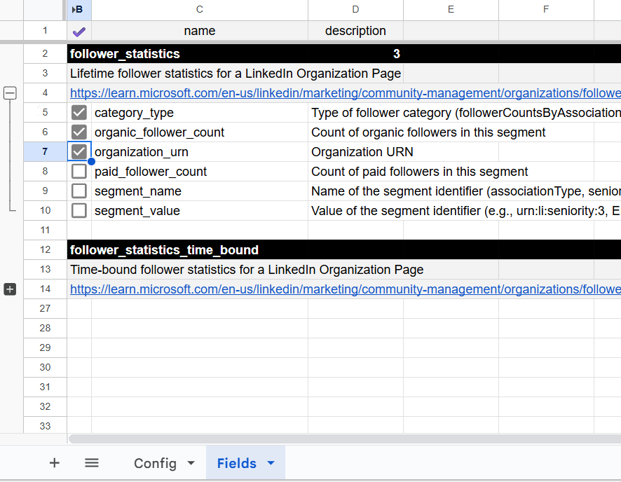 Fields tab in the LinkedIn Pages connector showing available data fields and selection checkboxes. i-shadow