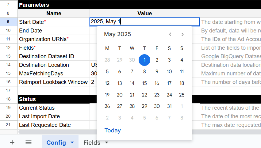 Date input field to configure the Start Date for LinkedIn Pages data import in the OWOX BigQuery template. i-shadow