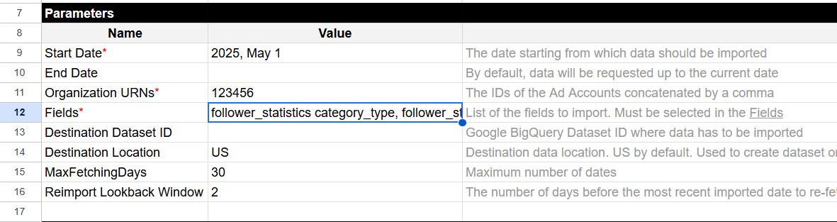 Fields section in LinkedIn Pages connector template showing multiple selected fields in the Config sheet. i-shadow