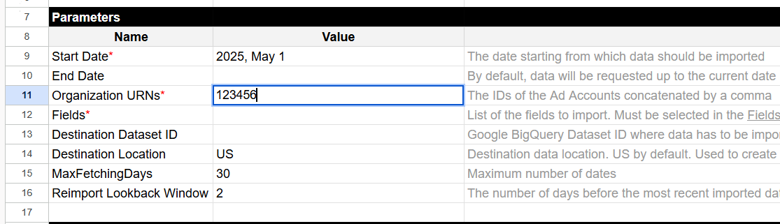 Config tab with the Organization URNs field filled for LinkedIn Page Insights. i-shadow