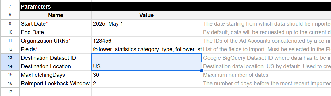 Specifying the destination BigQuery dataset ID for importing LinkedIn Pages data in the configuration sheet.  i-shadow