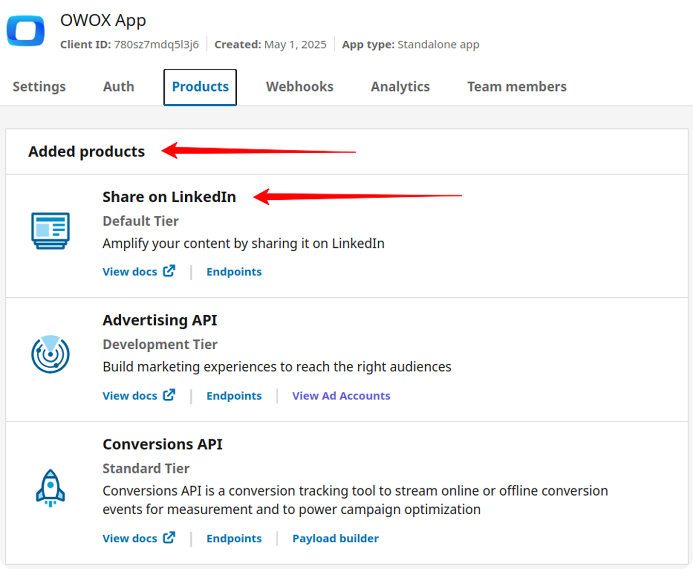 LinkedIn Developer Products tab showing "Advertising API" listed under Added Products.  i-shadow