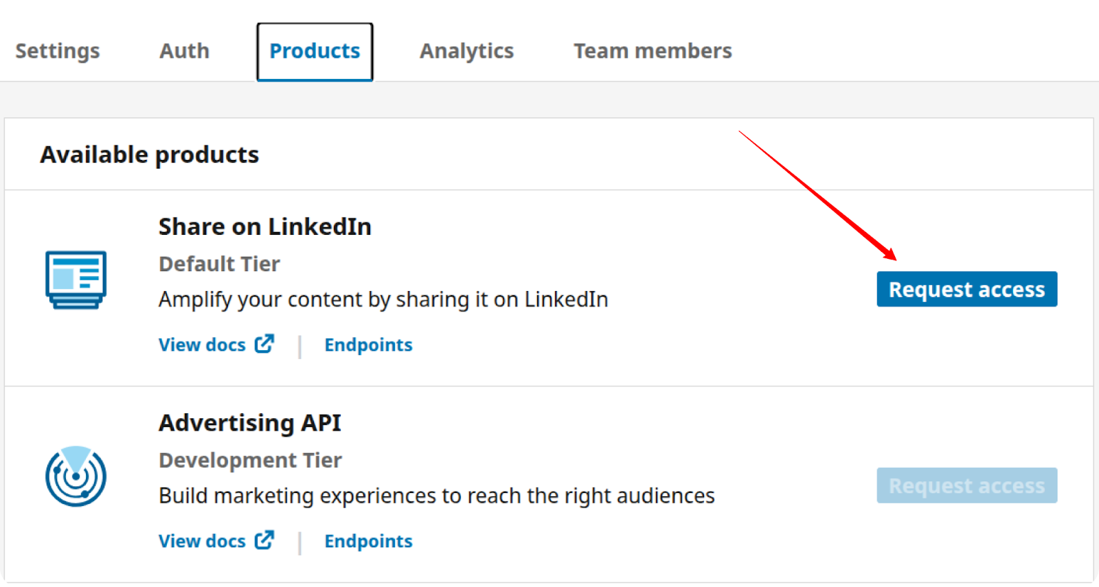 LinkedIn Developer portal Products tab showing "Share on LinkedIn" option with "Request access" button.   i-shadow