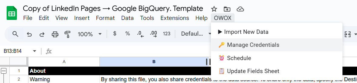 OWOX menu in Google Sheets showing the “Manage Credentials” option selected to input LinkedIn Pages access token. i-shadow