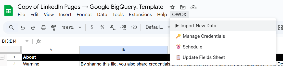 Google Sheets with OWOX menu expanded and “Import New Data” option highlighted to begin LinkedIn Page Insights import. i-shadow