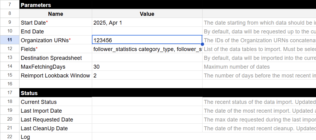 Config tab with the Organization URNs field filled for LinkedIn Page Insights. i-shadow
