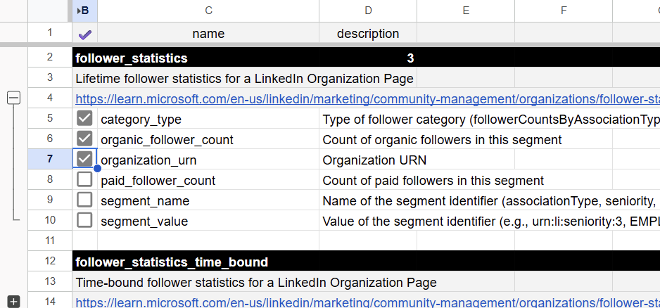 Fields tab in the LinkedIn Pages connector showing available data fields and selection checkboxes. i-shadow