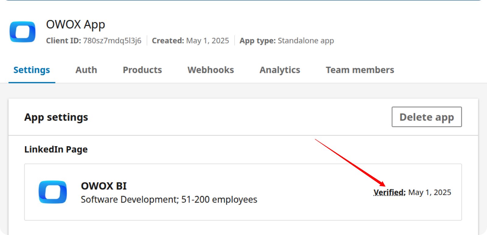 LinkedIn Developer app settings showing the app connected to a company page with a verification date displayed. i-shadow i-radius