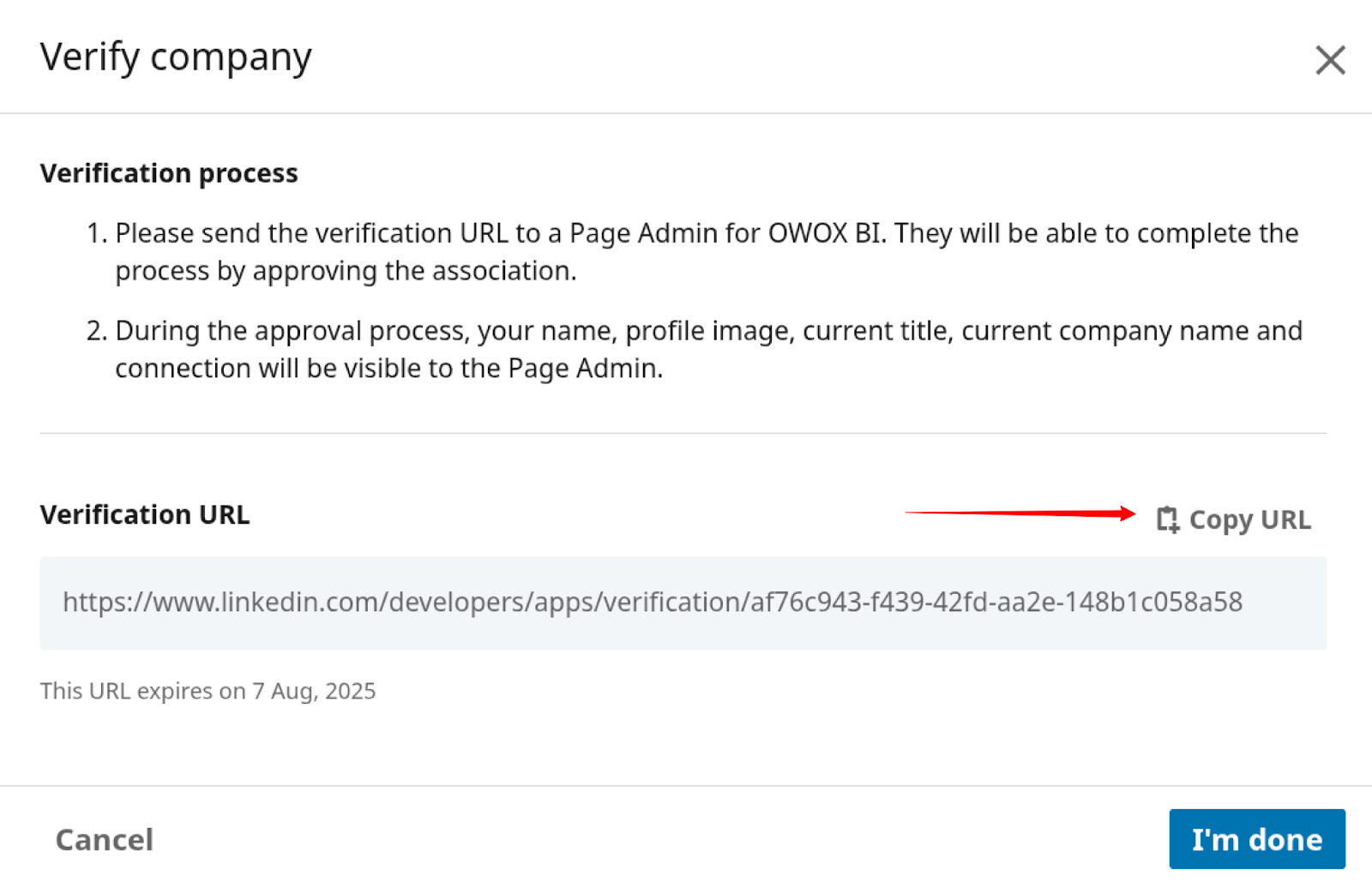  LinkedIn company verification screen showing a verification URL to be shared with a Page Admin for approval. i-shadow