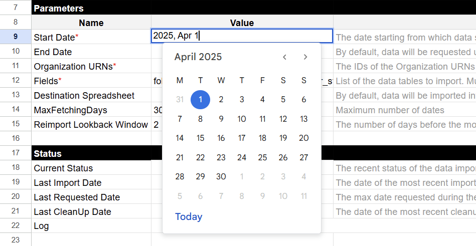 Date input field to configure the Start Date for LinkedIn Pages Insights import in the OWOX Sheets template. i-shadow