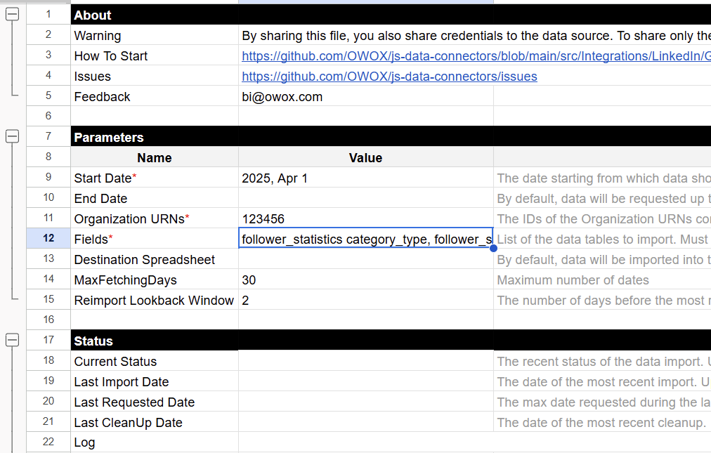 Fields section in LinkedIn Pages connector template showing multiple selected fields in the Config sheet. i-shadow