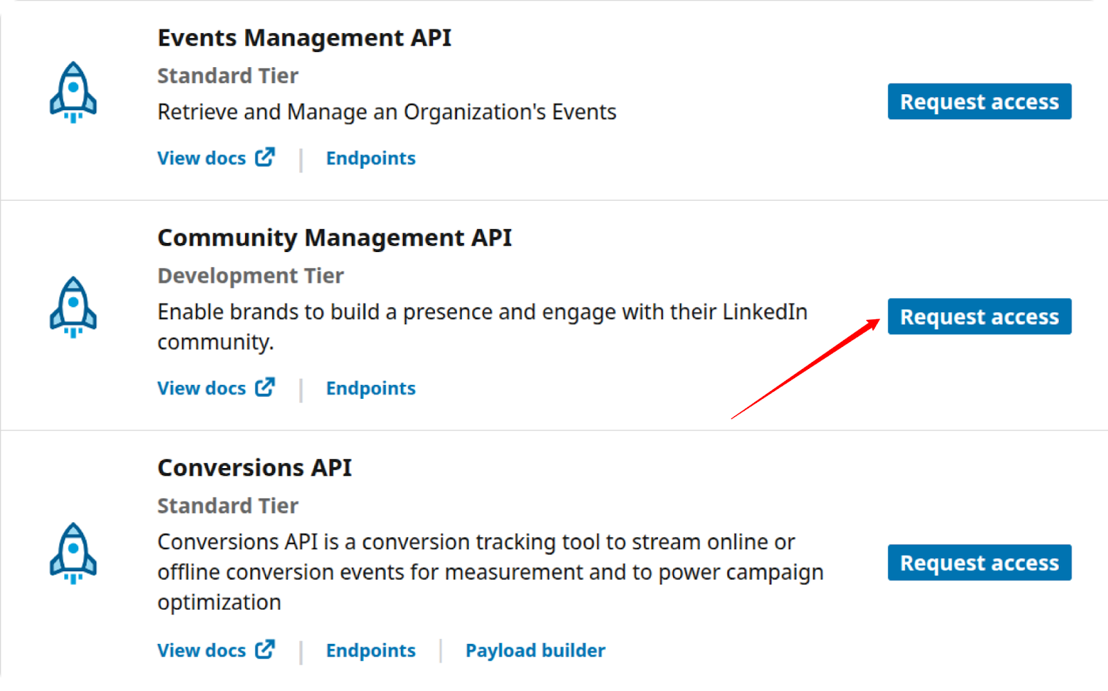 LinkedIn Developer Portal displaying the "Community Management API" section. i-shadow
