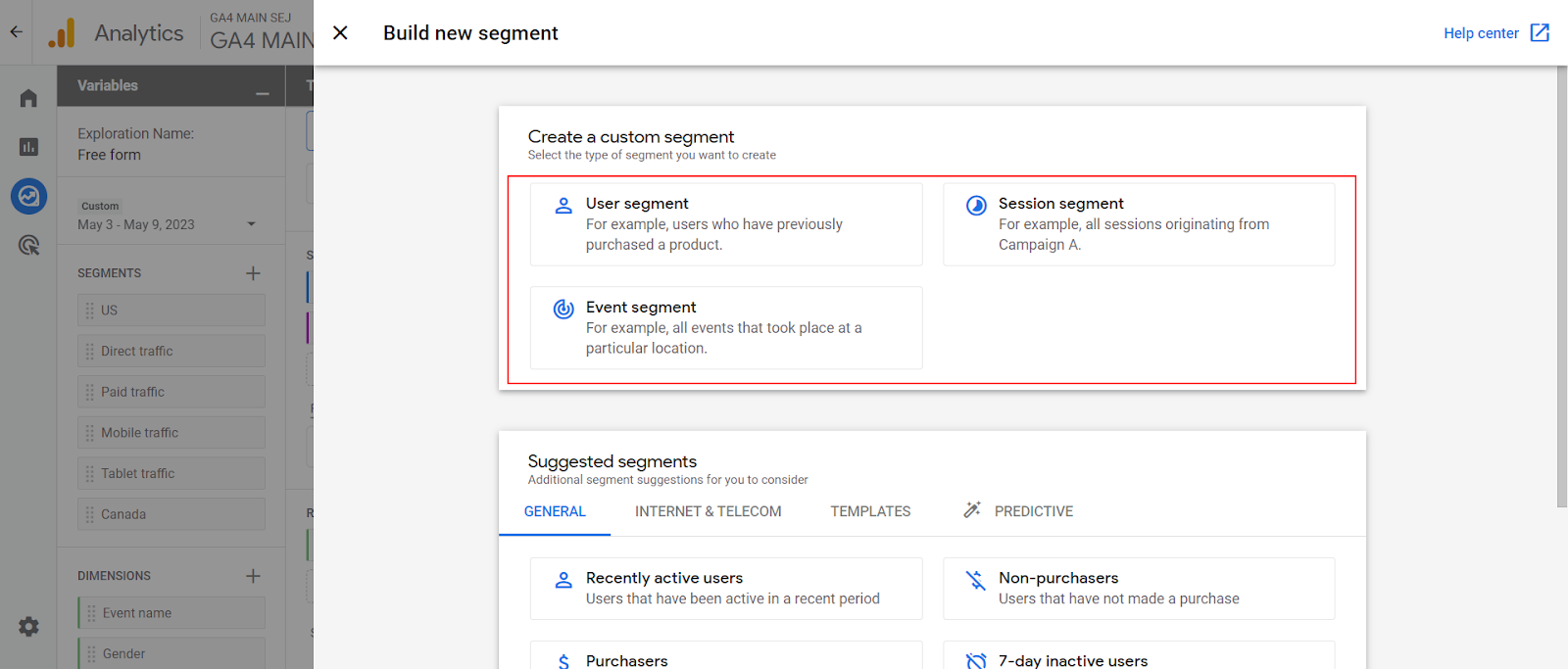 GA4 segment builder interface showing options for creating user, session, and event-based segments.