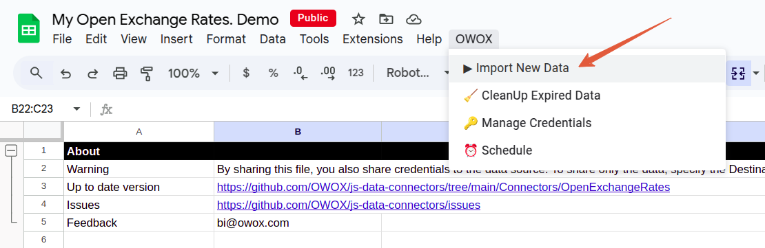 Google Sheets menu showing “Import New Data” under the OWOX tab for Open Exchange Rates. i-shadow