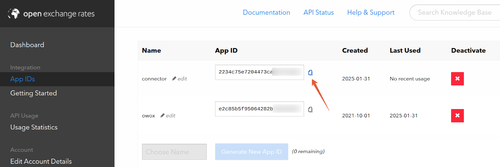 Open Exchange Rates dashboard showing a list of generated App IDs with copy and delete options next to each ID. i-shadow