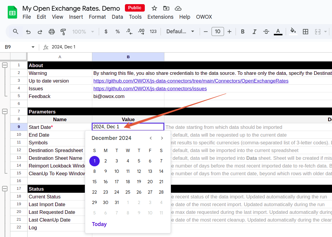 Date picker used to set the Start Date for importing Open Exchange Rates in the OWOX BigQuery template. i-shadow